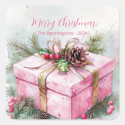 Elegante roze vintage kerst vierkante sticker (Voorkant)