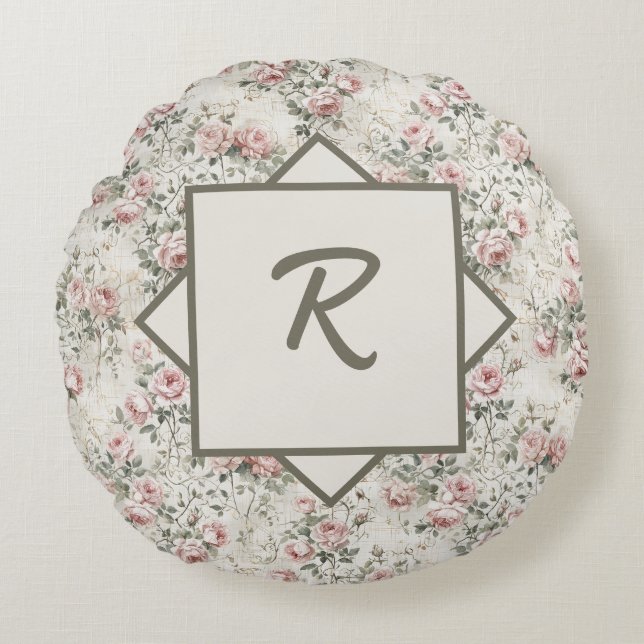 Elegante Roze Vintage Monogram Floral Rond Kussen (Voorkant)