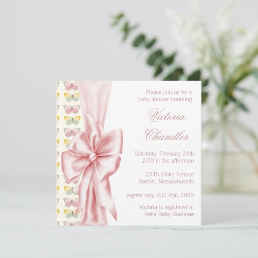 Elegante roze vlinder baby meisje douche kaart (Staand voorkant)