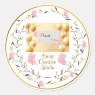 Elegante Roze Vlinder & Gouden Ballonnen Dank Je R Ronde Sticker