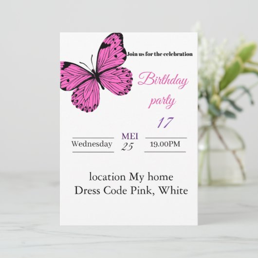 Elegante Roze Vlinder Verjaardag Uitnodiging – Mei (Staand voorkant)