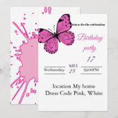 Elegante Roze Vlinder Verjaardag Uitnodiging – Mei (Voorkant / Achterkant)