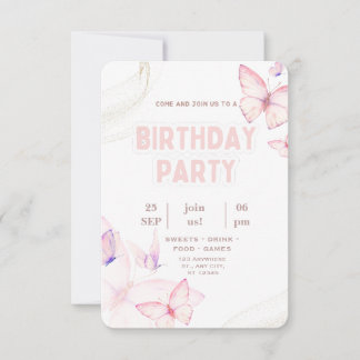 Elegante Roze Vlinder Verjaardagsfeest Uitnodiging