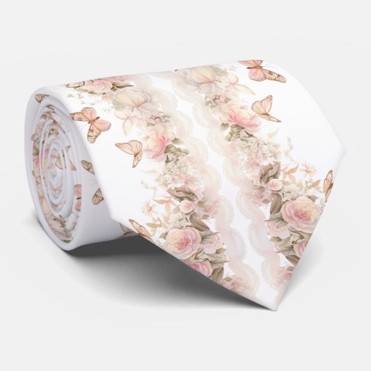 Elegante Roze Vlinder Witte Bruiloft Stropdas (Opgerold)