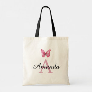 Elegante roze vlindernaam monogramed tote bag