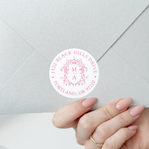 Elegante Roze Wapenrand Huwelijks Retouradres Ronde Sticker