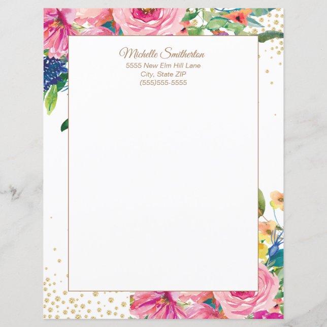 Elegante Roze Waterverf Bloem Glitter Briefpapier (Voorkant)
