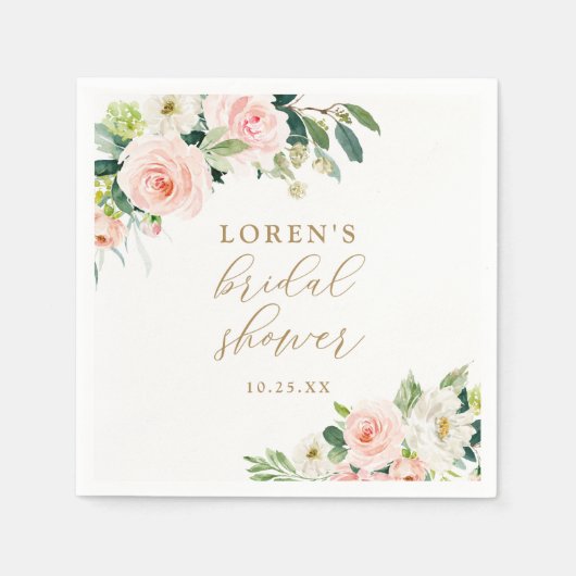 Elegante Roze Waterverf Bloemachtige Bruidsdouche Servet (Voorkant)