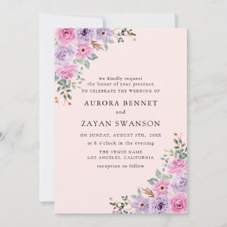 Elegante Roze Waterverf Bloemachtige Bruiloft Kaart