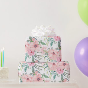 Elegante Roze Waterverf Bloemen Bladeren Wit Cadeaupapier