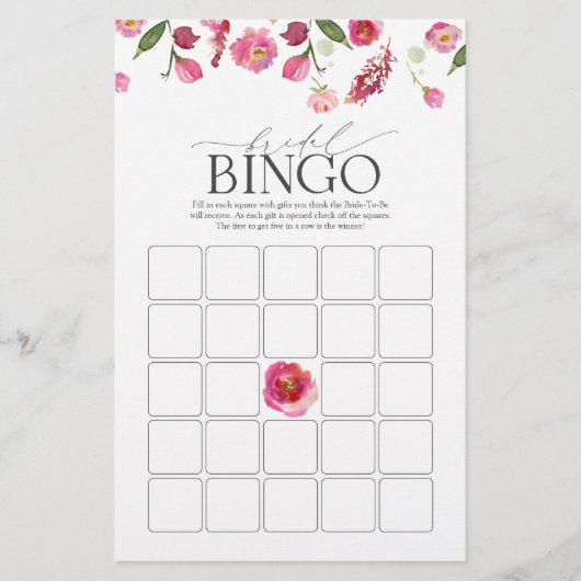 Elegante Roze Waterverf Bloemen Bruids Bingo Game (Voorkant)