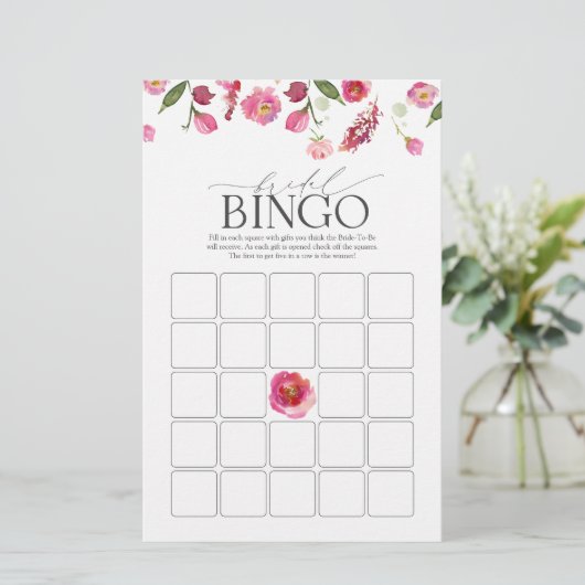 Elegante Roze Waterverf Bloemen Bruids Bingo Game (Staand voorkant)