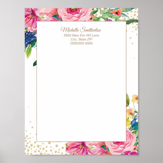 Elegante Roze Waterverf Bloemen Glitter Letterhead Poster (Voorkant)