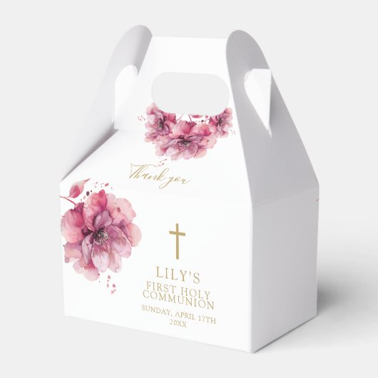 Elegante Roze Waterverf Bloemen Heilige Communie Bedankdoosjes (Achterkant)