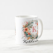 Elegante Roze Waterverf Bloemen Monogram Naam Koffiemok (Voorkant rechts)