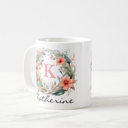 Elegante Roze Waterverf Bloemen Monogram Naam Koffiemok (Voorkant links)