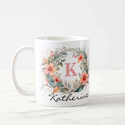 Elegante Roze Waterverf Bloemen Monogram Naam Koffiemok (Links)