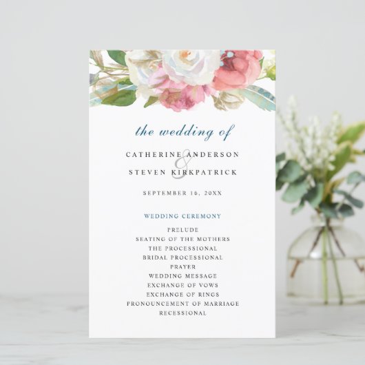 Elegante Roze Waterverf Bloemen Trouwprogramma (Staand voorkant)