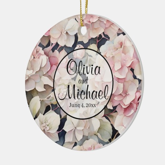 Elegante roze waterverf bloemenhortensia's keramisch ornament (Links)