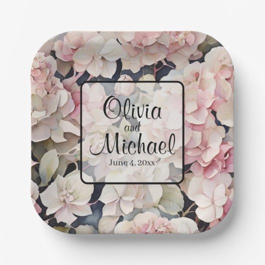 Elegante roze waterverf bloemenhortensia's papieren bordje (Voorkant)