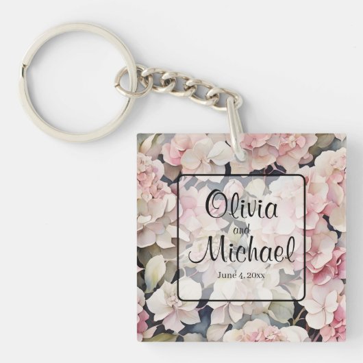 Elegante roze waterverf bloemenhortensia's sleutelhanger (voorkant)