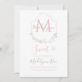 Elegante Roze Waterverf Bloemig Monogram Sweet 16 Kaart