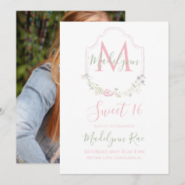 Elegante Roze Waterverf Bloemig Monogram Sweet 16 Kaart