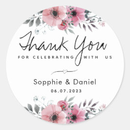 Elegante Roze Waterverf Bloemige Bedankt Ronde Sticker