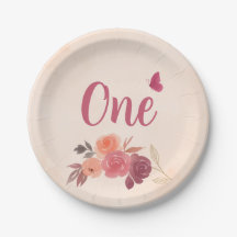 Elegante Roze Waterverf Bloemige Eerste Verjaardag