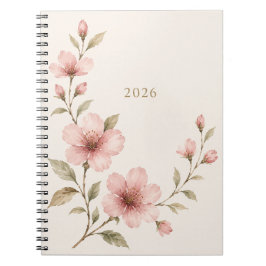 Elegante Roze Waterverf Bloemige Notitieboek 2026 