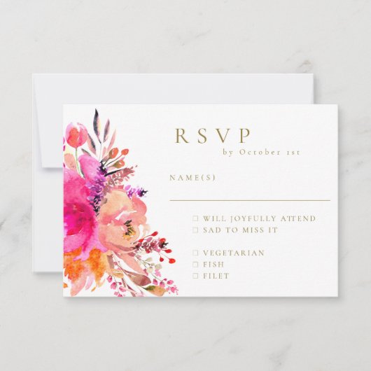 Elegante Roze Waterverf Bloemige Trouw-RSVP-Maalti RSVP Kaartje (Voorkant)