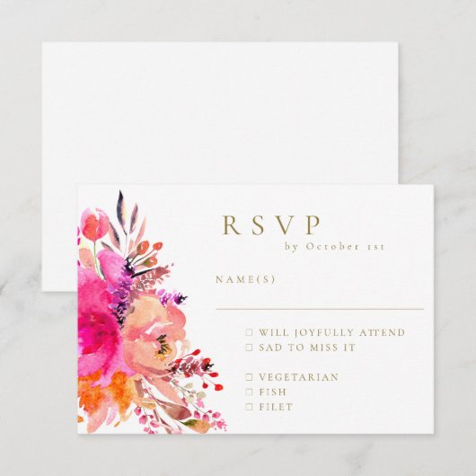 Elegante Roze Waterverf Bloemige Trouw-RSVP-Maalti RSVP Kaartje (Voorkant / Achterkant)