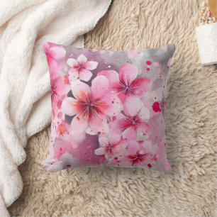 Elegante Roze Waterverf Bloemmotief Grijs Kussen