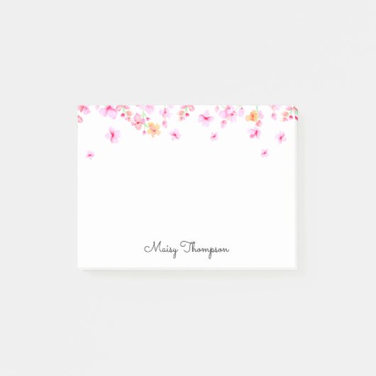 Elegante Roze Waterverf Bloesem Script Naam Post-it® Notes (Voorkant)
