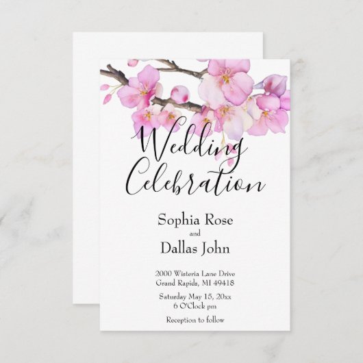 Elegante roze waterverf bloesems bruiloft kaart (Voorkant / Achterkant)