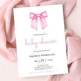 Elegante Roze Waterverf Bow Baby shower Uitnodigin Kaart