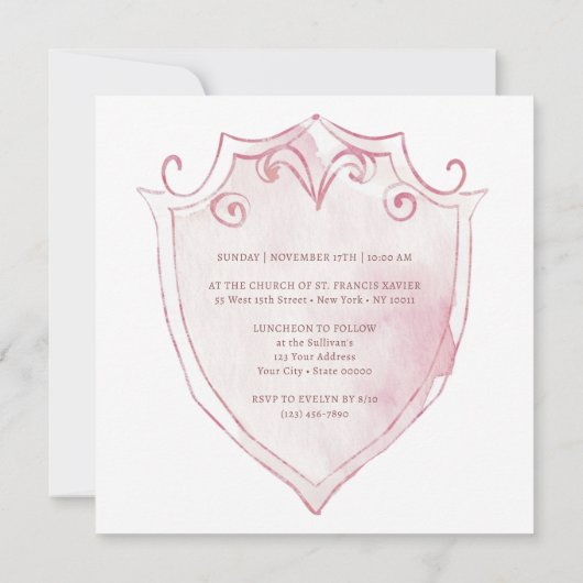 Elegante Roze Waterverf Crest doop Kaart (Achterkant)