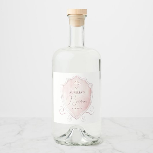 Elegante Roze Waterverf Crest doop Likeurfles Etiket (Voorkant)