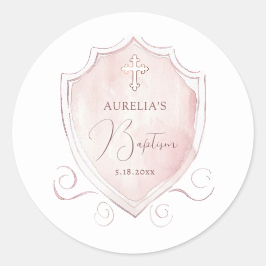 Elegante Roze Waterverf Crest doop Ronde Sticker (Voorkant)
