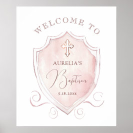 Elegante Roze Waterverf Crest Doop Welkom Poster