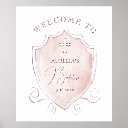 Elegante Roze Waterverf Crest Doop Welkom Poster (Voorkant)