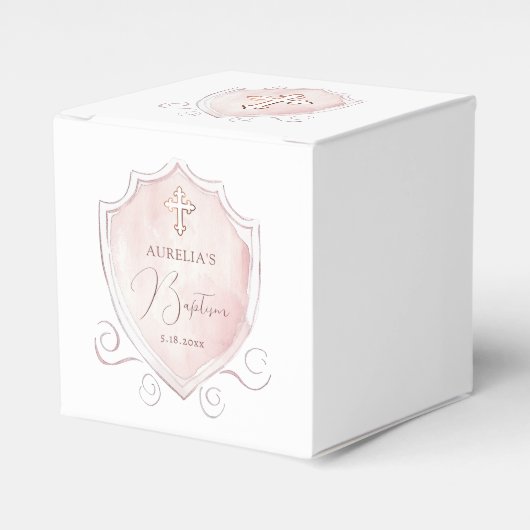 Elegante Roze Waterverf Crest Doopsel Kubus Bedankdoosjes (Voorkant Zijde)