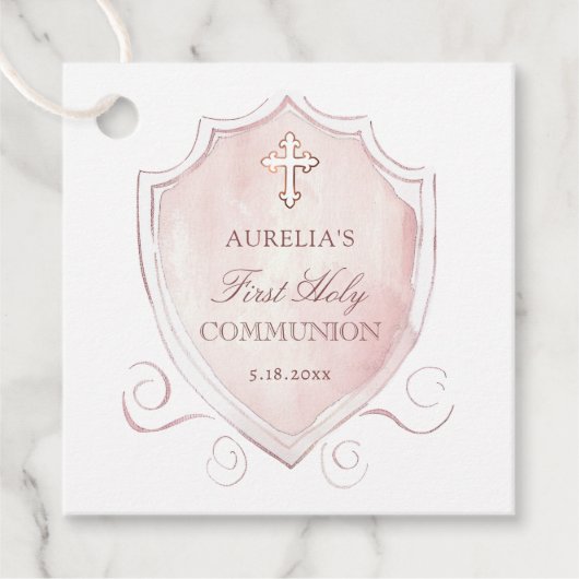 Elegante Roze Waterverf Crest Eerste Communie Bedankjes Labels (Voorkant)