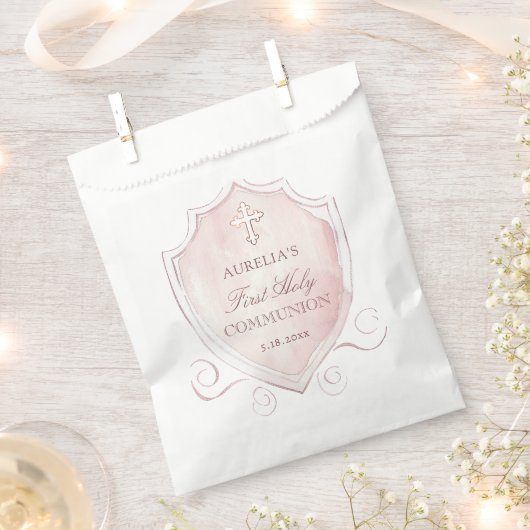 Elegante Roze Waterverf Crest Eerste Communie Bedankzakje (Geknipt)