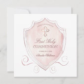 Elegante Roze Waterverf Crest Eerste Communie Kaart (Voorkant)