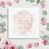 Elegante Roze Waterverf Crest Eerste Communie Kaart