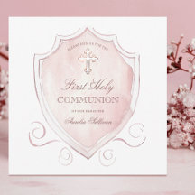 Elegante Roze Waterverf Crest Eerste Communie