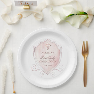 Elegante Roze Waterverf Crest Eerste Communie Papieren Bordje
