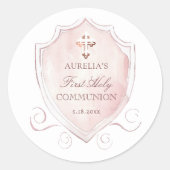 Elegante Roze Waterverf Crest Eerste Communie Ronde Sticker (Voorkant)
