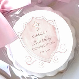 Elegante Roze Waterverf Crest Eerste Communie Ronde Sticker